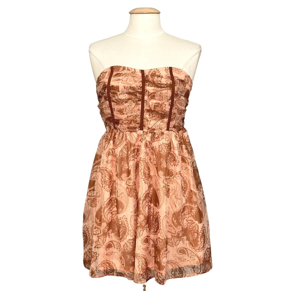 Venus Women Dress 6 Blush Pink Paisley Ruched Strapless Mini Boho Festival Beach